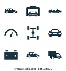 Car Icons Set. Collection Of Lorry, Chronometer, Hatchback And Other Elements. Also Includes Symbols Such As Hatchback, Repairing, Chassis.