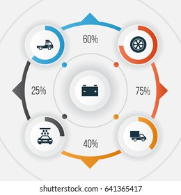 Car Icons Set. Collection Of Lorry, Transport Cleaning, Van And Other Elements. Also Includes Symbols Such As Accumulator, Water, Tire.