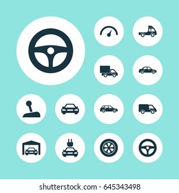 Car Icons Set. Collection Of Lorry, Drive Control, Auto And Other Elements. Also Includes Symbols Such As Automobile, Garage, Station.