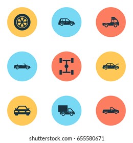 Car Icons Set. Collection Of Lorry, Wheel, Carriage And Other Elements. Also Includes Symbols Such As Truck, Lorry, Crossover.