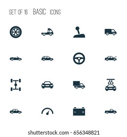 Car Icons Set. Collection Of Lorry, Wheelbase, Truck And Other Elements. Also Includes Symbols Such As Chronometer, Control, Stick.