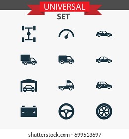 Car Icons Set. Collection Of Lorry, Repairing, Car And Other Elements. Also Includes Symbols Such As Speedometer, Tire, Automobile.