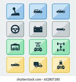 Car Icons Set. Collection Of Plug, Stick, Carriage And Other Elements. Also Includes Symbols Such As Truck, Pickup, Van.