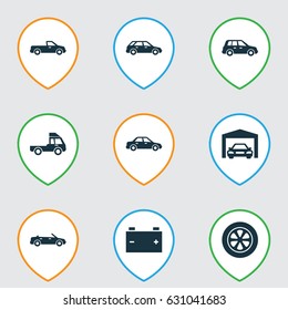 Car Icons Set. Collection Of Repairing, Wheel, Accumulator And Other Elements. Also Includes Symbols Such As Truck, Cabriolet, Car.