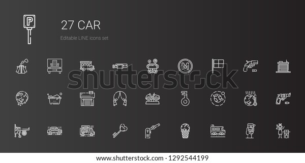 car\
icons set. Collection of car with school bus, global warming,\
parking, key, food truck, engine, environment, wedding arch,\
garage, washing. Editable and scalable car\
icons.
