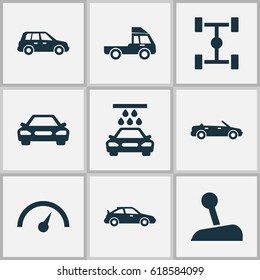 Car Icons Set. Collection Of Stick, Car, Convertible Model And Other Elements. Also Includes Symbols Such As Wash, Cabriolet, Speed.