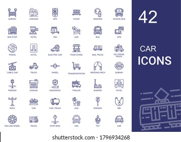 car icons set. Collection of car with subway, caravan, gps, stock, washing, school bus, bus stop, hotel, van, gas, bus, travel, electric car. Editable and scalable car icons.