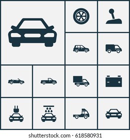 Car Icons Set. Collection Of Transport Cleaning, Carriage, Lorry And Other Elements. Also Includes Symbols Such As Tire, Pickup, Battery.