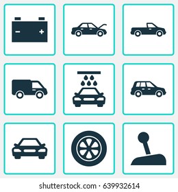 Car Icons Set. Collection Of Transport Cleaning, Fixing, Stick And Other Elements. Also Includes Symbols Such As Accumulator, Pickup, Lever.