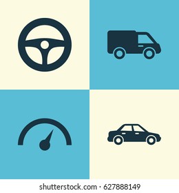 Car Icons Set. Collection Of Truck, Chronometer, Drive Control And Other Elements. Also Includes Symbols Such As Sedan, Steering, Van.