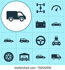 Car Icons Set. Collection Of Truck, Hatchback, Accumulator And Other Elements. Also Includes Symbols Such As Control, Speedometer.