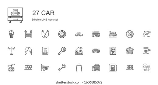 Car Icons Set. Collection Of Car With Underground, Bus Stop, Wedding Arch, Key, Engine, Seats, Cable Car, Ice Cream Machine, Earthquake, Hotel. Editable And Scalable Icons.