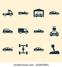 Car Icons Set. Collection Of Van, Crossover, Repairing And Other Elements. Also Includes Symbols Such As Pickup, Lorry, Wheelbase.