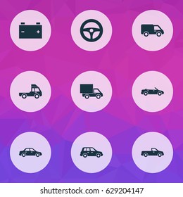Car Icons Set. Collection Of Van, Accumulator, Car And Other Elements. Also Includes Symbols Such As Van, Steering, Automobile.