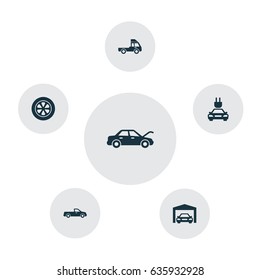 Car Icons Set. Collection Of Van, Carriage, Repairing And Other Elements. Also Includes Symbols Such As Garage, Van, Carriage.