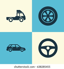 Car Icons Set. Collection Of Van, Wheel, Hatchback And Other Elements. Also Includes Symbols Such As Lorry, Steering, Truck.