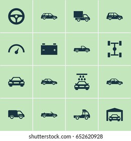 Car Icons Set. Collection Of Van, Drive Control, Carriage And Other Elements. Also Includes Symbols Such As Wheelbase, Garage, Truck.