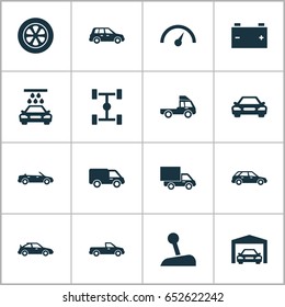 Car Icons Set. Collection Of Van, Hatchback, Convertible Model And Other Elements. Also Includes Symbols Such As Automobile, Wheelbase, Repairing.