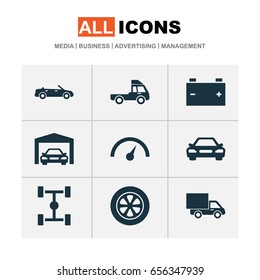 Car Icons Set. Collection Of Van, Chronometer, Wheelbase And Other Elements. Also Includes Symbols Such As Car, Automobile, Cabriolet.