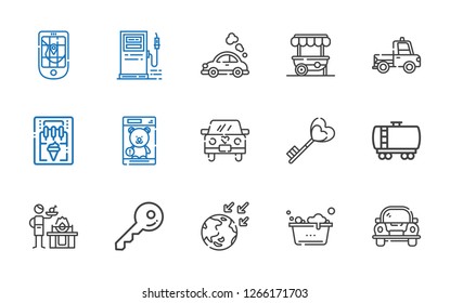 Car Icons Set. Collection Of Car With Washing, Global Warming, Key, Gas, Fuel Truck, Wedding Car, Toy, Ice Cream Machine, Truck, Food Stand, Vehicle. Editable And Scalable Car Icons.