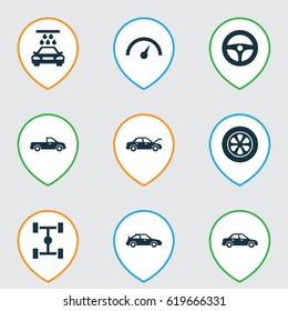 Car Icons Set. Collection Of Wheel, Transport Cleaning, Chronometer And Other Elements. Also Includes Symbols Such As Wheelbase, Sedan, Wheel.