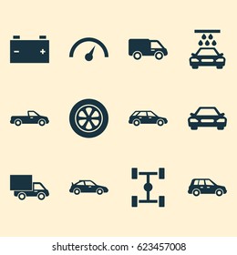Car Icons Set. Collection Of Wheel, Accumulator, Crossover And Other Elements. Also Includes Symbols Such As Speedometer, Sports, Chassis.