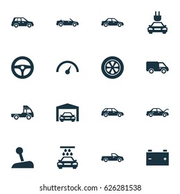 Car Icons Set. Collection Of Wheel, Repairing, Accumulator And Other Elements. Also Includes Symbols Such As Speed, Fixing, Lever.