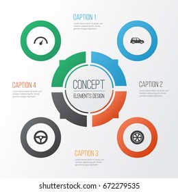 Car Icons Set. Collection Of Wheel, Drive Control, Chronometer And Other Elements. Also Includes Symbols Such As Tire, Steering, Crossover.