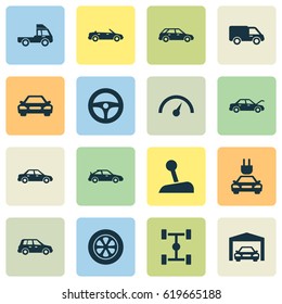 Car Icons Set. Collection Of Wheelbase, Truck, Stick And Other Elements. Also Includes Symbols Such As Auto, Crossover, Wagon.