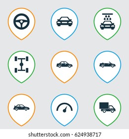 Car Icons Set. Collection Of Wheelbase, Crossover, Drive Control And Other Elements. Also Includes Symbols Such As Truck, Automobile, Auto.