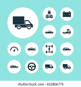 Car Icons Set. Collection Of Wheelbase, Chronometer, Carriage And Other Elements. Also Includes Symbols Such As Truck, Carriage, Wheel.