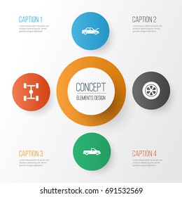 Car Icons Set. Collection Of Wheelbase, Fixing, Carriage And Other Elements. Also Includes Symbols Such As Car, Pickup, Wheelbase.