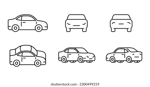 Car icons set. The car from different sides. Side view, back, front, bottom, inside. linear icon collection. Line with editable stroke