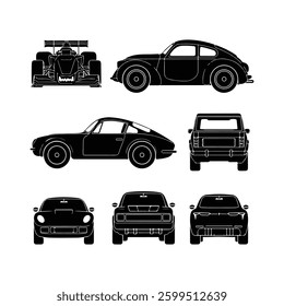Car icons set. The car from different sides. Side view, back, front, bottom, inside. linear icon