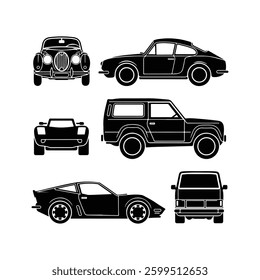 Car icons set. The car from different sides. Side view, back, front, bottom, inside. linear icon