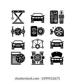 Car icons set. The car from different sides. Side view, back, front, bottom, inside. linear icon