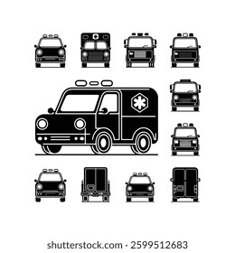 Car icons set. The car from different sides. Side view, back, front, bottom, inside. linear icon