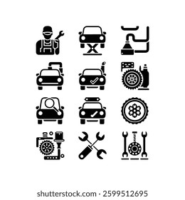Car icons set. The car from different sides. Side view, back, front, bottom, inside. linear icon
