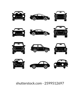 Car icons set. The car from different sides. Side view, back, front, bottom, inside. linear icon