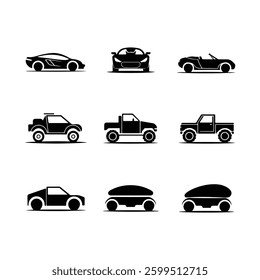 Car icons set. The car from different sides. Side view, back, front, bottom, inside. linear icon