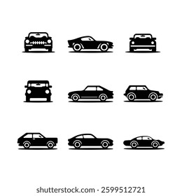 Car icons set. The car from different sides. Side view, back, front, bottom, inside. linear icon