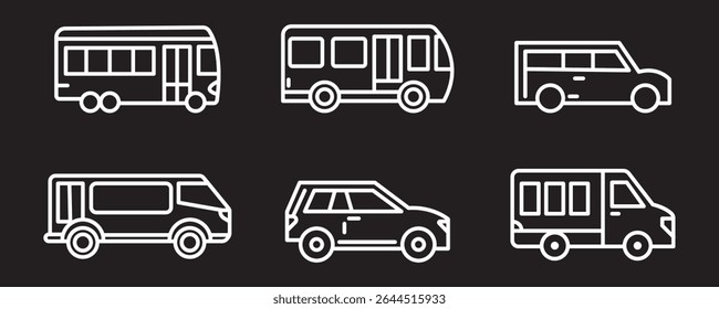 Car icons set. The car from different sides. Side view, back, front, bottom, inside. linear icon collection. Line with editable stroke