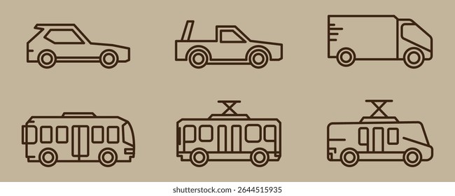 Car icons set. The car from different sides. Side view, back, front, bottom, inside. linear icon collection. Line with editable stroke