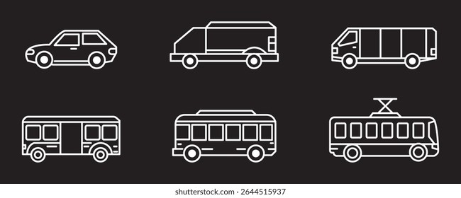 Car icons set. The car from different sides. Side view, back, front, bottom, inside. linear icon collection. Line with editable stroke