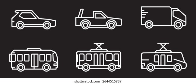 Car icons set. The car from different sides. Side view, back, front, bottom, inside. linear icon collection. Line with editable stroke