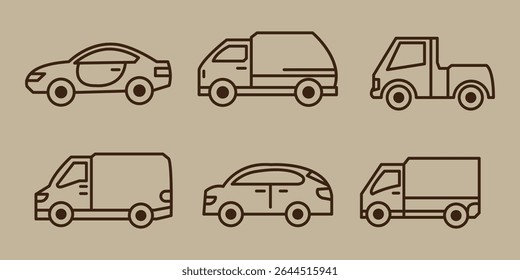Car icons set. The car from different sides. Side view, back, front, bottom, inside. linear icon collection. Line with editable stroke