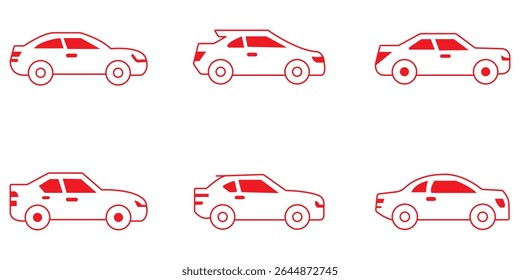 Car icons set. The car from different sides. Side view, back, front, bottom, inside. linear icon collection. Line with editable stroke.  Design EPS 10 