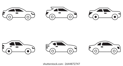 Car icons set. The car from different sides. Side view, back, front, bottom, inside. linear icon collection. Line with editable stroke.  Design EPS 10 