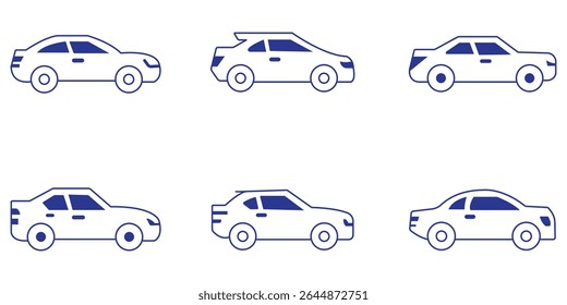 Car icons set. The car from different sides. Side view, back, front, bottom, inside. linear icon collection. Line with editable stroke.  Design EPS 10 