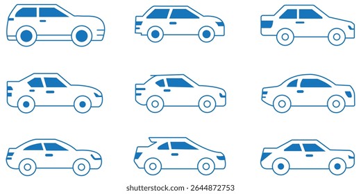 Car icons set. The car from different sides. Side view, back, front, bottom, inside. linear icon collection. Line with editable stroke.  Design EPS 10 